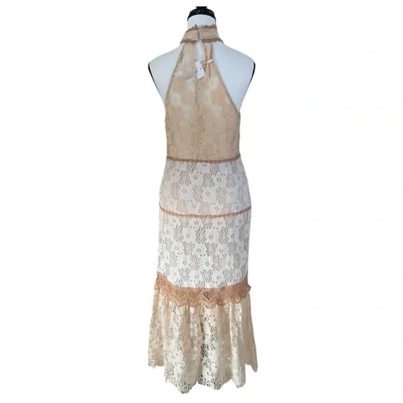 Foxiedox Lace Halter Midi Dress Tan White M Anthropologie NWT - Picture 3 of 11